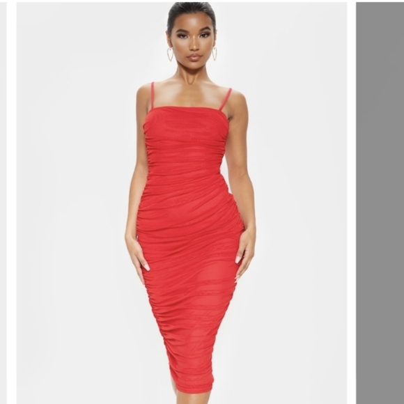 PrettyLittleThing Red Strappy Mesh Ruched Midaxi Dress - Picture 5 of 8